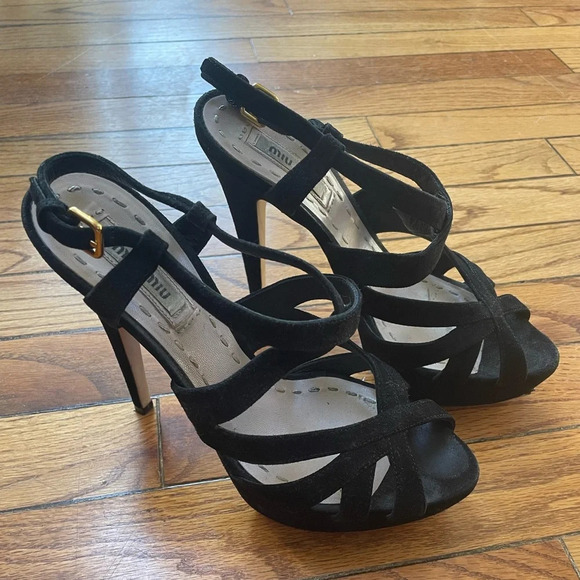 Miu Miu  Black Suede Platform Crisscross Sandal Heels, size 36 - Picture 5 of 12